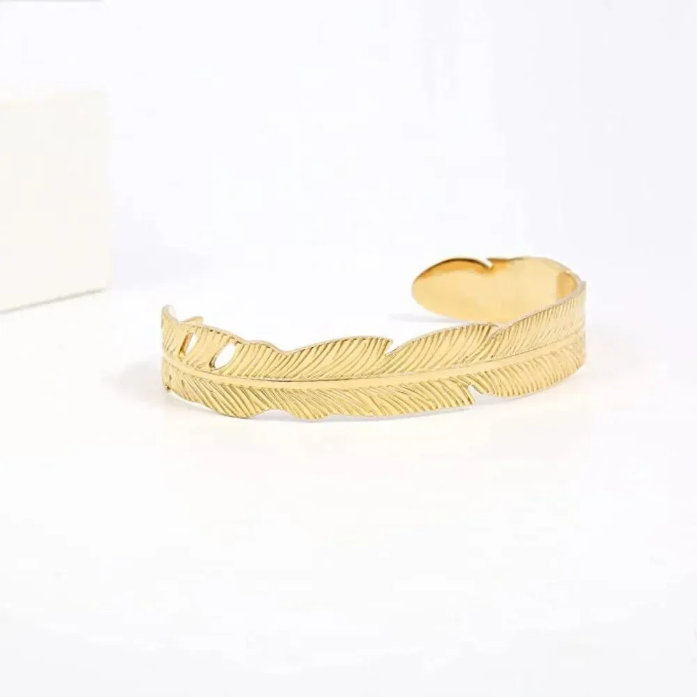 Feather Cuff Bangle Bracelet in Gold